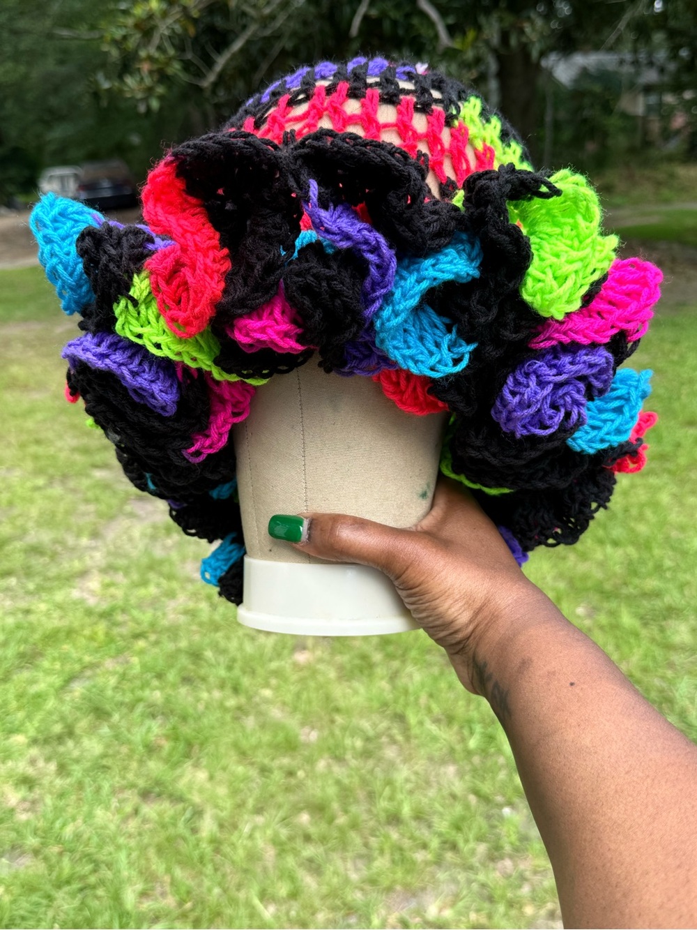 Crochet Ruffle Bucket Hat - Neon Multicolor - Picture 2 of 3